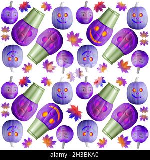 Nahtloses Halloween-Design mit lustigen Kürbissen und herbstlichen Ahornblättern auf weißem Hintergrund, teilweise violett getönt Stockfoto