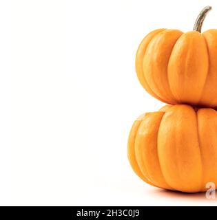 Zwei orangefarbene Kürbisse übereinander auf weißem Hintergrund. Platz auf der linken Seite der Kürbisse kopieren Stockfoto