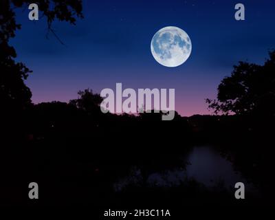 Landschaftlich schöner Blick auf den aufgehenden Vollmond über einem kleinen See in einem Wald. Fantasy-Bild. Stockfoto