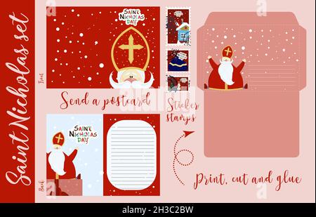 Basteln für Kinder. St. Nikolaus Set. Herzlichen Glückwunsch, Brief an St. Nikolaus. Christlicher Winterurlaub. Sinterklaas. Ein alter Mann. Stock Vektor