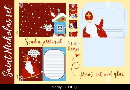 Basteln für Kinder. St. Nikolaus Set. Herzlichen Glückwunsch, Brief an St. Nikolaus. Christlicher Winterurlaub. Sinterklaas. Ein alter Mann. Stock Vektor