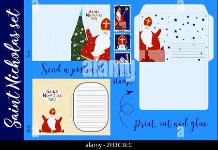 Basteln für Kinder. St. Nikolaus Set. Herzlichen Glückwunsch, Brief an St. Nikolaus. Christlicher Winterurlaub. Sinterklaas. Ein alter Mann. Stock Vektor