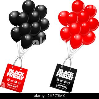 Black friday Verkaufsvorlage mit glänzenden Ballons und Einkaufstasche auf transparentem Hintergrund. Vektorgrafik. Stock Vektor