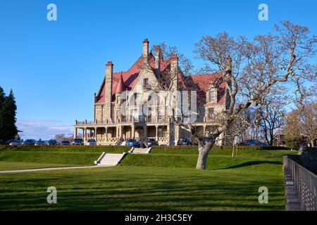 Victoria, British Columbia, Kanada – 3. März 2018. Craigdarroch Castle Victoria. Die historische, Stein, Craigdarroch Castle. Victoria, Vancouver Island Stockfoto