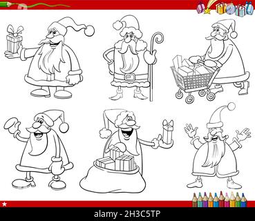 Schwarz-Weiß-Illustration der Weihnachtsferien Cartoons mit eingestellt Santa Claus Zeichen Färbung Buch Seite Stock Vektor