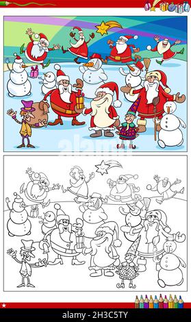 Cartoon Illustration von Santa Claus und Weihnachten Charaktere Gruppe Malbuch Seite Stock Vektor