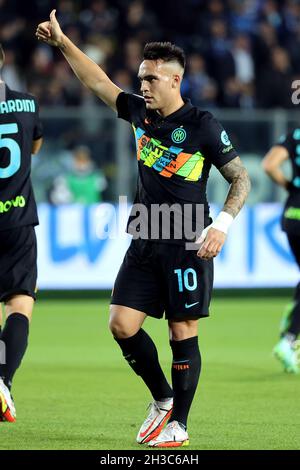 Empoli, Italien. Oktober 2021. Lautaro Martinez vom FC Internazionale reagiert während des Fußballspiels der Serie A zwischen dem FC Empoli und dem FC Internazionale im Stadion Carlo Castellani in Empoli (Italien) am 27. Oktober 2021. Foto Paolo Nucci/Insidefoto Kredit: Insidefoto srl/Alamy Live News Stockfoto