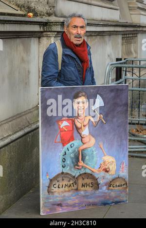 Westminster, London, Großbritannien. Oktober 2021. Künstler Kaya Mar mit einem neuen satirischen Gemälde, das Kanzler Rishi Sunak mit der berühmten roten Schachtel zeigt. Kredit: Imageplotter/Alamy Live Nachrichten Stockfoto