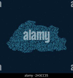 Abstrakt gepunkteter Halbton mit Sterneneffekt auf dunkelblauem Hintergrund mit Landkarte von Bhutan. Digitale gepunktete Technologie Design Kugel und Struktur. vektor Stock Vektor
