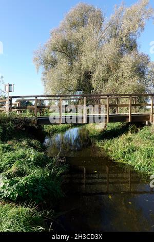 Fussgängerbrücke aus Holz über die Wipperau, Oetzen, Niedersachsen, Deutschland Stockfoto