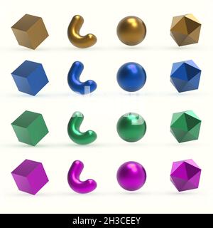 Realistische 3D bunte Metall geometrische Formen Objekte. Realistische Geometrieelemente isoliert auf weißem Hintergrund mit metallischem Farbverlauf. Stock Vektor
