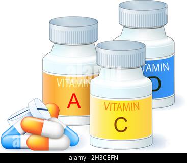 Vitamine, Nahrungsergänzungsmittel, Ernährungspillen, Kapseln und Flaschen. Medizinischer Behälter für Tabletten. Sammlung von Medikamenten und wichtigen Spurenelementen. Stock Vektor