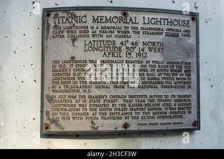 The Titanic Memorial Lighthouse, South Street Seaport, NYC, USA, 2021 Stockfoto