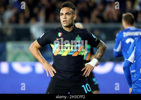 Empoli, Italien. Oktober 2021. Lautaro Martinez vom FC Internazionale reagiert während des Fußballspiels der Serie A zwischen dem FC Empoli und dem FC Internazionale im Stadion Carlo Castellani in Empoli (Italien) am 27. Oktober 2021. Foto Paolo Nucci/Insidefoto Kredit: Insidefoto srl/Alamy Live News Stockfoto