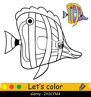 Tropischer Regenbogenfisch. Malbuch für Kinder im Vorschulalter mit einfacher pädagogischer Spielstufe. Freihand-Skizzenzeichnung. Vektorgrafik. Zum Drucken, g Stock Vektor