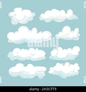 Cartoon Wolken auf blauem Hintergrund isoliert gesetzt. Wolkenlandschaft in blauem Himmel, weiße Wolkenvektordarstellung Stock Vektor