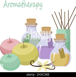 Vorlage für Aromatherapie-Karten. Ölflaschen, Vanille und Kerzen, Diffusor. Stock Vektor