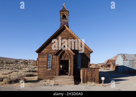 Methodist Church auf der Green Street in der Geisterstadt Bodie im Bodie State Park. Stockfoto