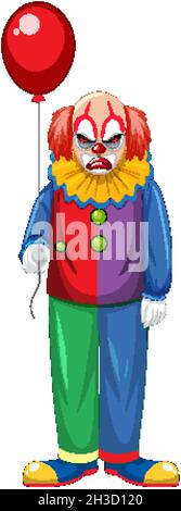 Gruseliger Clown hält Ballon auf weißem Hintergrund Illustration Stock Vektor