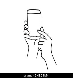 Linie Kunst Nahaufnahme Hand tippen oder zeigen auf Smartphone Illustration Vektor isoliert auf weißem Hintergrund Stock Vektor