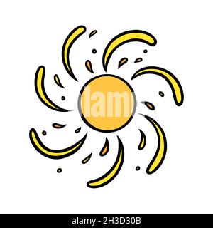 Handgezeichnete gelbe Sonne. Bunt leuchtende Sonne mit wirbelnden Balken im Doodle-Stil. Schwarz-Weiß-Vektorgrafik isoliert auf weißem Hintergrund Stock Vektor
