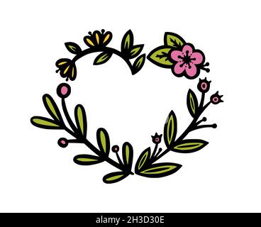 Blumenkranz für Einladungen und Kugel jourmals Dekoration. Herzförmige Kranz Trenner oder Rahmen. Doodle Vektorgrafik isoliert in weiß Stock Vektor
