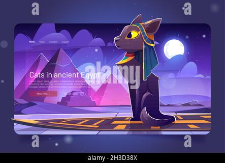 Katze im alten Ägypten Cartoon Landing Page. Göttin Bastet sitzt am Palastboden vor Pharao Pyramiden in der Nacht Sahara Wüste. Heiliges Tier, feline ägyptische Gottheit Charakter, Vektor-Web-Banner Stock Vektor