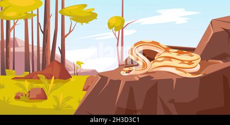 Schlange im Wald, Python mit roten Augen und beigefarbener Körper mit braunen Flecken auf Stein, die sich an sonnigen Tagen im Wald mit grünen Bäumen entspannen. Wild Reptile Sommer Lifestyle, Cartoon-Vektor-Illustration Stock Vektor