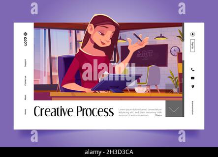 Cartoon-Landing-Page für kreative Prozesse. Frau, die im Loft-Büro am Schreibtisch sitzt, mit grafischem Tablet vor einem breiten raumhohen Fenster, entwickelt ein Kunstprojekt am Arbeitsplatz, Vector Webbanner Stock Vektor