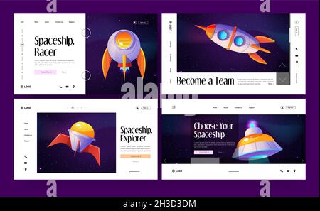 Raumschiffe Banner mit verschiedenen Raketen und Shuttles für die Erkundung, Rennen und Reisen im Kosmos. Vektor-Landing-Pages mit Cartoon-Illustration von Raumfahrzeugen auf dem Hintergrund des Himmels mit Sternen Stock Vektor