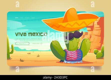 Viva Mexico Cartoon Landing Page, lustiger mexikanischer Kaktus mit Schnurrbart in Sombrero und Poncho in der Wüstenlandschaft. Traditionelles lateinisches Feiertagskonzept oder Festa-Party-Konzept, Vektor-Webbanner Stock Vektor