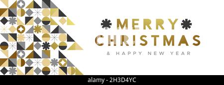 Frohe Weihnachten Happy New Year Bannerillustration des modernen Gold-Kiefer-Mosaik mit geometrischer Form im abstrakten skandinavischen Stil. Eleganter Winter Stockfoto