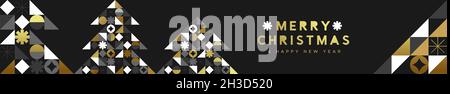 Frohe Weihnachten Frohes Neues Jahr Web-Banner Illustration von modernen Gold Kiefernbaum Mosaik mit geometrischer Form in abstrakten nordischen Stil. Eleganter Winter h Stockfoto