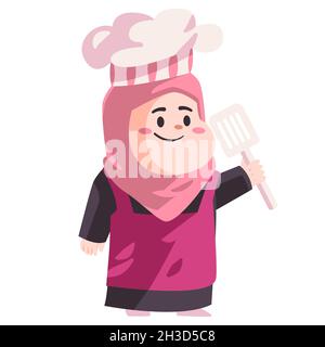 Muslimische Frau mit rosa Schürze Hijab und Hut halten auf Kochutensilien moderne Farbe isoliert Hintergrund Vektor Illustration Stock Vektor