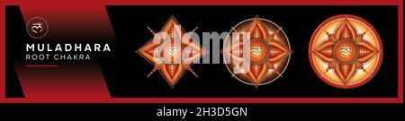 WURZELCHAKRA (1. Chakra, Muladhara) Chakra-Symbole, Wurzel-Chakra - MULADHARA - Energie, Stabilität, Komfort, Sicherheit - 'Ich BIN' Stockfoto