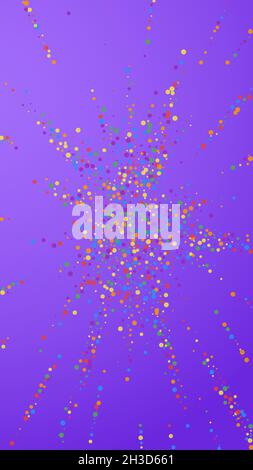 Festliche zauberhafte Konfetti. Stars der Feier. Regenbogen Konfetti auf violettem Hintergrund. Frische, festliche Overlay-Vorlage. Vertikaler Vektorhintergrund. Stock Vektor