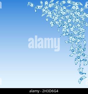 Bitcoin, Internet-Währungsscheine fallen. Kleine BTC-Rechnungen auf blauem Himmel Hintergrund. Kryptowährung, digitales Geld. Alive-Vektordarstellung. Überwältigender Jackpot, Reichtum oder Erfolg Konzept. Stock Vektor