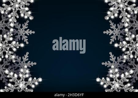 Weihnachtsbanner mit einem Rand aus weißen, glitzernden Schneeflocken mit hellem Glitzer. Vertikales Layout. Auf blauem Hintergrund. Vektor. Stock Vektor