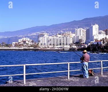 Fischer mit Hotels hinten, Puerto de la Cruz, Teneriffa, Spanien. Stockfoto