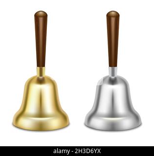 Set aus goldenen und silbernen Glocken. Weihnachtssymbol, Schulglocke. Realistische 3D-Darstellung. Isoliert auf weißem Hintergrund. Vektor. Stock Vektor