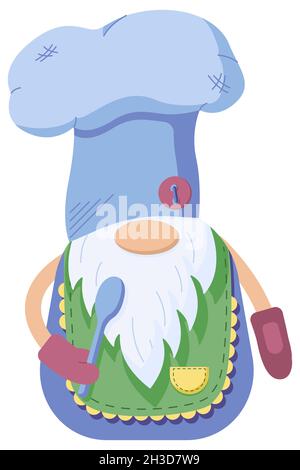 Kleiner Zwerg, der in flachem Stil gekocht wird, mit einem Löffel in der Hand, isoliert auf weißem Hintergrund. Stock Vektor