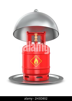 Öffnen Sie die metallische Cloche und die Gasflasche auf weißem Hintergrund. Isolierte 3D-Darstellung Stockfoto