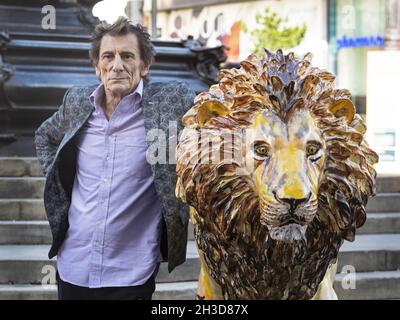 Datei-Foto vom 10/8/2021 von Rolling Stones-Gitarrist Ronnie Wood beim Start des Tusk Lion Trail am Piccadilly Circus in London. Löwenskulpturen von Stars wie Ronnie Wood, John Cleese und Noel Fielding werden für wohltätige Zwecke versteigert. Die farbenfroh verzierten Skulpturen werden zur Unterstützung der britischen Naturschutzorganisation Tusk verkauft, die den Herzog von Cambridge als Schirmherrin hat. Ausgabedatum: Donnerstag, 28. Oktober 2021. Stockfoto