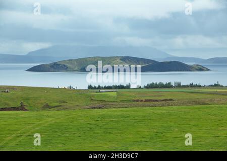 Insel Sandey des Lake Thingvallavatn im Thingvellir Nationalpark auf Island, Europa Stockfoto