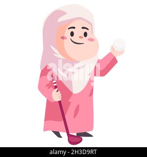 Islam Frau mit rosa Hijab hält Stick und Ball Golf spielen moderne Cartoon flache Farbe isoliert Hintergrund Illustration Stock Vektor