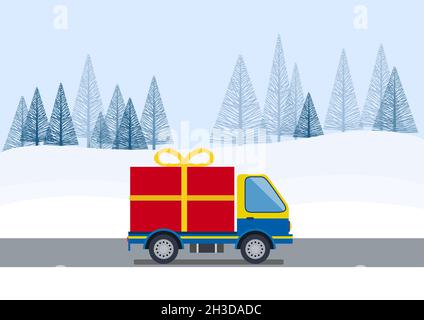 Weihnachtseinkäufe. Große Geschenkpakete auf einem LKW auf der Straße, um die Box auf die Winterlandschaft zu liefern. Versand und Lieferung von Online-Kauf. Vektor Stock Vektor