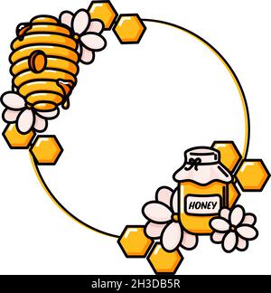 Honey Kreis gelb und schwarz Rahmen Vektor-Illustration. Runde Schablone mit Bienenhonigglas, Blumen, Bienenstock, Bienenstock und Waben. Cartoon Doodle Stil handgezeichnete Zeichnung Kunst auf weiß isoliert. Stock Vektor