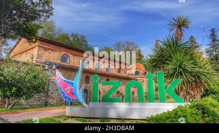 Alte und heilige Stadt für das christentum von Nicea und sein Logo in der Nähe der hagia sophia Moschee in iznik bursa Türkei auf dem öffentlichen Park vorhanden. Stockfoto