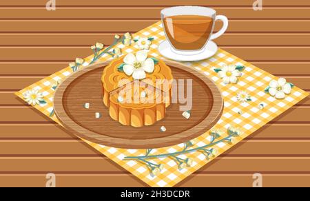 Mooncake mit Teetake auf Holztisch-Illustration Stock Vektor
