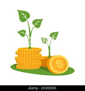 Finanzielle Investitionen oder Sparkonzept mit Münzstapeln mit Pflanzen, die aufwachsen. Symbol mit flachem, ausgefülltem Umriss. Pixel perfekt. Bearbeitbare st Stock Vektor